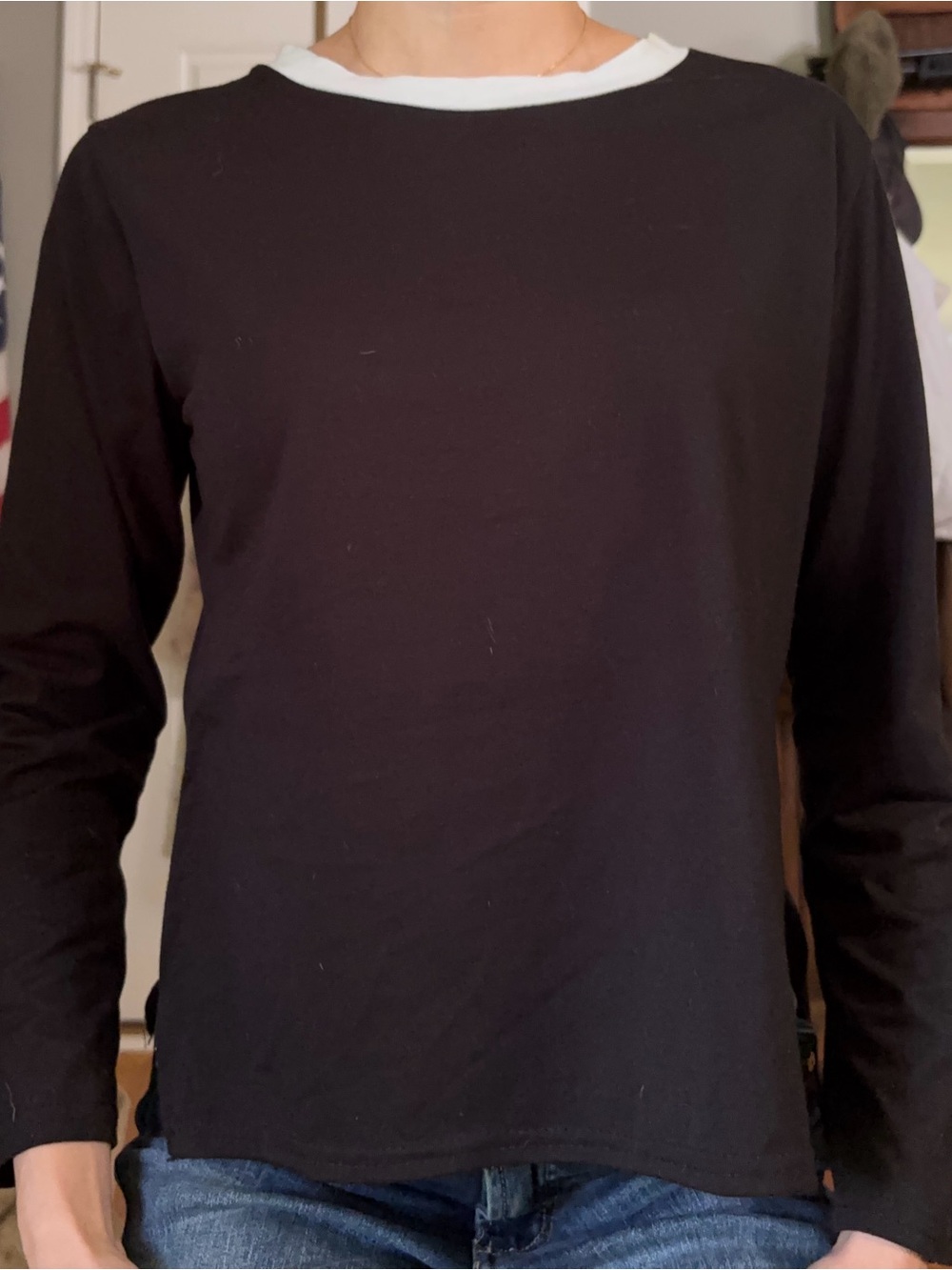 Women’s Black Long-Sleeve Crewneck Shirt with White Trim